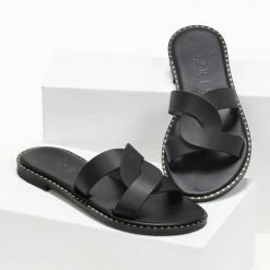 IRIS Σανδάλια δερμάτινα φλατ με περαστές φάσες - Μαύρο -Σανδάλια κατάστημα dermatina flat sandalia me perastes fases 91022 2f5t