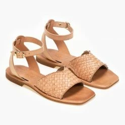 IRIS Πέδιλα ίσια δερμάτινα με πλεκτό Pattern - Φυσικό -Σανδάλια κατάστημα dermatina isia pedila me plekto pattern 90963 jbwn
