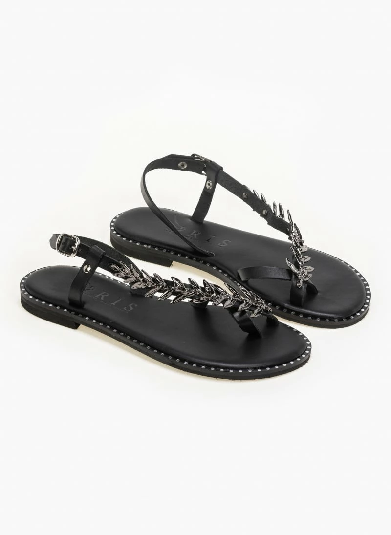 IRIS Πέδιλα δερμάτινα ίσια με σχέδιο φύλλα ελιάς - Μαύρο 8 IRIS Πέδιλα δερμάτινα ίσια με σχέδιο φύλλα ελιάς - Μαύρο - Image 6