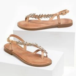 IRIS Πέδιλα δερμάτινα ίσια με σχέδιο φύλλα ελιάς - Φυσικό -Σανδάλια κατάστημα dermatina isia pedila me sxedio fulla elias 90621 je60