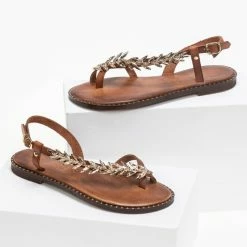 IRIS Πέδιλα δερμάτινα ίσια με σχέδιο φύλλα ελιάς - Καφέ -Σανδάλια κατάστημα dermatina isia pedila me sxedio fulla elias 90622 3rir