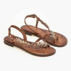 IRIS Πέδιλα δερμάτινα ίσια με σχέδιο φύλλα ελιάς - Καφέ -Σανδάλια κατάστημα dermatina isia pedila me sxedio fulla elias 90622 kwfe