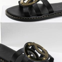 IRIS Σανδάλια δερμάτινα με στρογγυλή αγκράφα - Μαύρο -Σανδάλια κατάστημα dermatina sandalia me strogguli agkrafa 90669 e74y