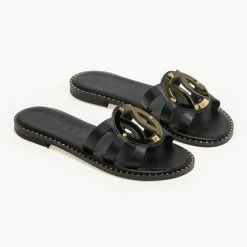 IRIS Σανδάλια δερμάτινα με στρογγυλή αγκράφα - Μαύρο -Σανδάλια κατάστημα dermatina sandalia me strogguli agkrafa 90669 k54b