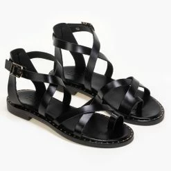 Πέδιλα δερμάτινα Tfp φλατ με δέσιμο στο πλάι - Μαύρο -Σανδάλια κατάστημα estil dermatina flat pedila me desimo sto plai 91159 sge1