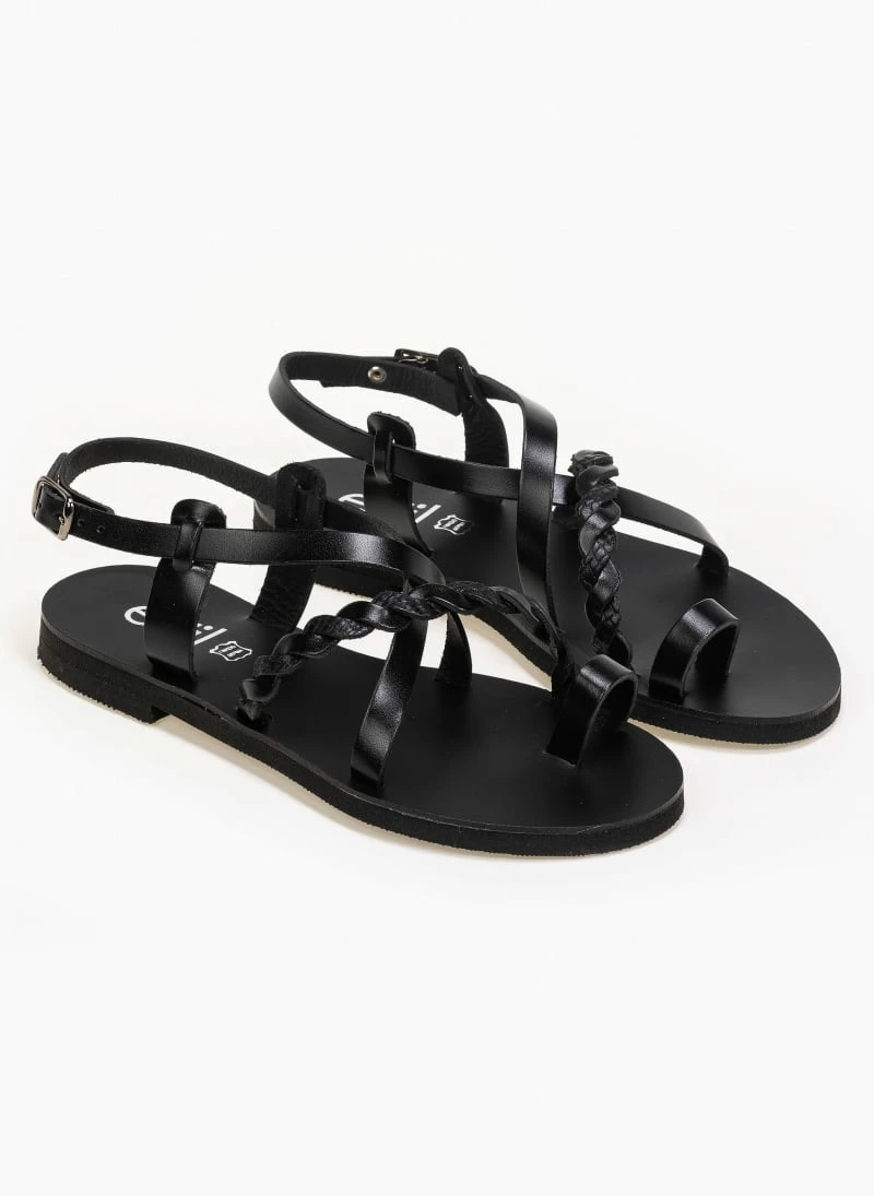 Πέδιλα δερμάτινα φλατ Estil με λεπτά λουράκια - Μαύρο 3 Πέδιλα δερμάτινα φλατ Estil με λεπτά λουράκια - Μαύρο