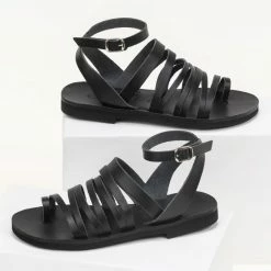 Estil δερμάτινα ίσια πέδιλα με λεπτά λουράκια - Μαύρο -Σανδάλια κατάστημα estil dermatina isia pedila me lepta lourakia 92583 2hiw