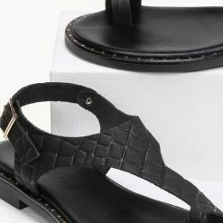 Πέδιλα Estil δερμάτινα κροκό φλατ - Μαύρο -Σανδάλια κατάστημα estil dermatina kroko flat pedila 91147 fj9r