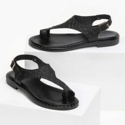 Πέδιλα Estil δερμάτινα κροκό φλατ - Μαύρο -Σανδάλια κατάστημα estil dermatina kroko flat pedila 91147 twog