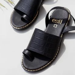 Πέδιλα Estil δερμάτινα κροκό ίσια - Μαύρο -Σανδάλια κατάστημα estil dermatina kroko isia pedila 92578 2sre