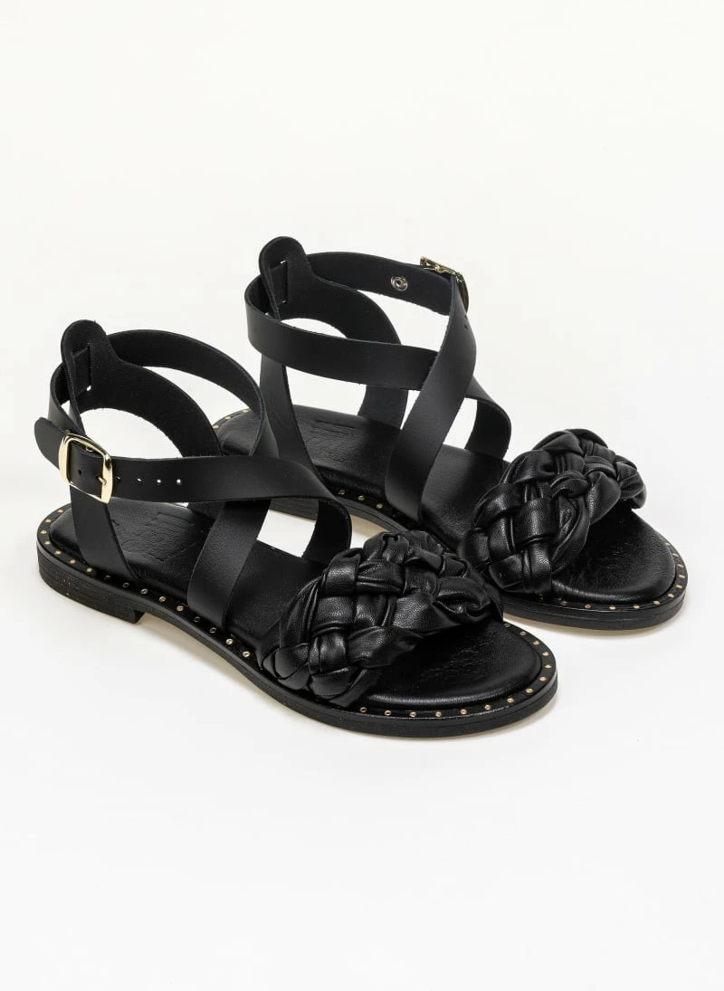 Πέδιλα Estil δερμάτινα με πλεκτή φάσα - Μαύρο 3 Πέδιλα Estil δερμάτινα με πλεκτή φάσα - Μαύρο