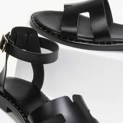 Σανδάλια δερμάτινα Estil με ανοίγματα στη φάσα - Μαύρο -Σανδάλια κατάστημα estil dermatina sandalia me anoigmata sti fasa 91240 rf97