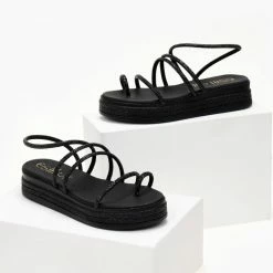 Flatforms δερμάτινα ESTIL με Strass λουράκια - Μαύρο -Σανδάλια κατάστημα flatforms dermatina estil me strass lourakia 105354 kmeh