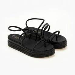 Flatforms δερμάτινα ESTIL με Strass λουράκια - Μαύρο -Σανδάλια κατάστημα flatforms dermatina estil me strass lourakia 105354 mamh