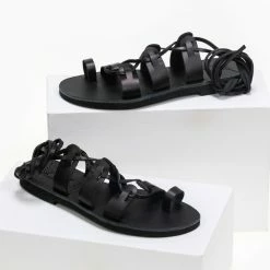 IRIS Πέδιλα δερμάτινα ίσια Lace Up - Μαύρο -Σανδάλια κατάστημα isia dermatina lace up pedila 90632 orrg