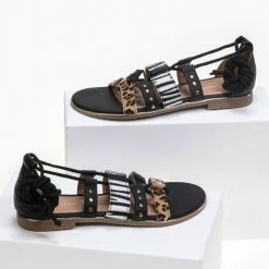 The Fashion Project Πέδιλα Lace Up με Animal Print σχέδιο - Μαύρο -Σανδάλια κατάστημα lace up pedila me animal print sxedio 89724 s2m4