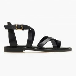 Πέδιλα δερμάτινα Tfp φλατ με δέσιμο στο πλάι - Μαύρο -Σανδάλια κατάστημα pedila dermatina estil flat me desimo sto plai 91159 ivkv