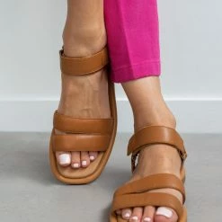 CARMELA Πέδιλα δερμάτινα φλατ με διπλή φάσα 68558 - Κάμελ