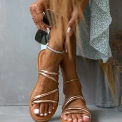 Σανδάλια δερμάτινα ESTIL με λεπτά λουράκια - Χαλκός