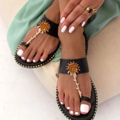 Σανδάλια δερμάτινα IRIS με λουλούδι - Μαύρο