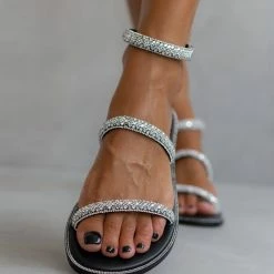 Σανδάλια δερμάτινα IRIS με πέτρες - Μαύρο/Ασημί