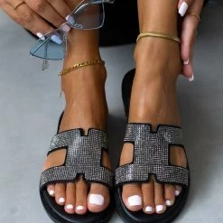 Σανδάλια δερμάτινα TFP με μικρά Strass - Μαύρο