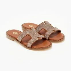 Σανδάλια δερμάτινα TFP με μικρά Strass - Χαλκός