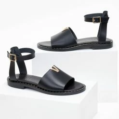 Σανδάλια δερμάτινα TFP με χρυσή λεπτομέρεια - Μαύρο -Σανδάλια κατάστημα sandalia dermatina tfp me xrusi leptomereia 101248 r8ga