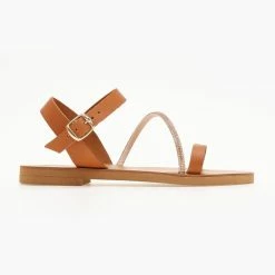 Σανδάλια ESTIL δερμάτινα με λοξό Strass λουράκι - Ταμπά