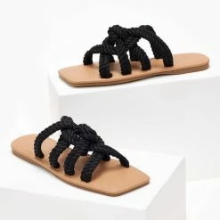 The Fashion Project Σανδάλια με πλεγμένα σχοίνινα λουράκια - Μαύρο -Σανδάλια κατάστημα sandalia me plegmena sxoinina lourakia 101606 yfry