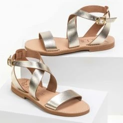 IRIS Πέδιλα ίσια χειροποίητα δερμάτινα - Χρυσό -Σανδάλια κατάστημα xeiropoiita dermatina isia pedila 90690 pbkm