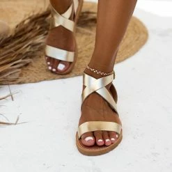 IRIS Πέδιλα ίσια χειροποίητα δερμάτινα - Χρυσό -Σανδάλια κατάστημα xeiropoiita dermatina isia pedila 90690 tztu